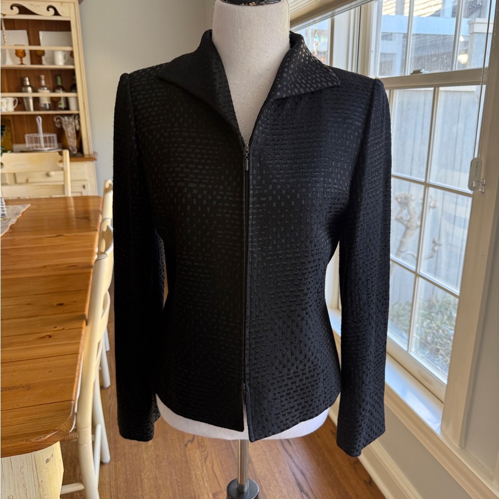Linda Allard Ellen Tracy Black Textured Zip Jacket Silk Blend Lined Size 8
